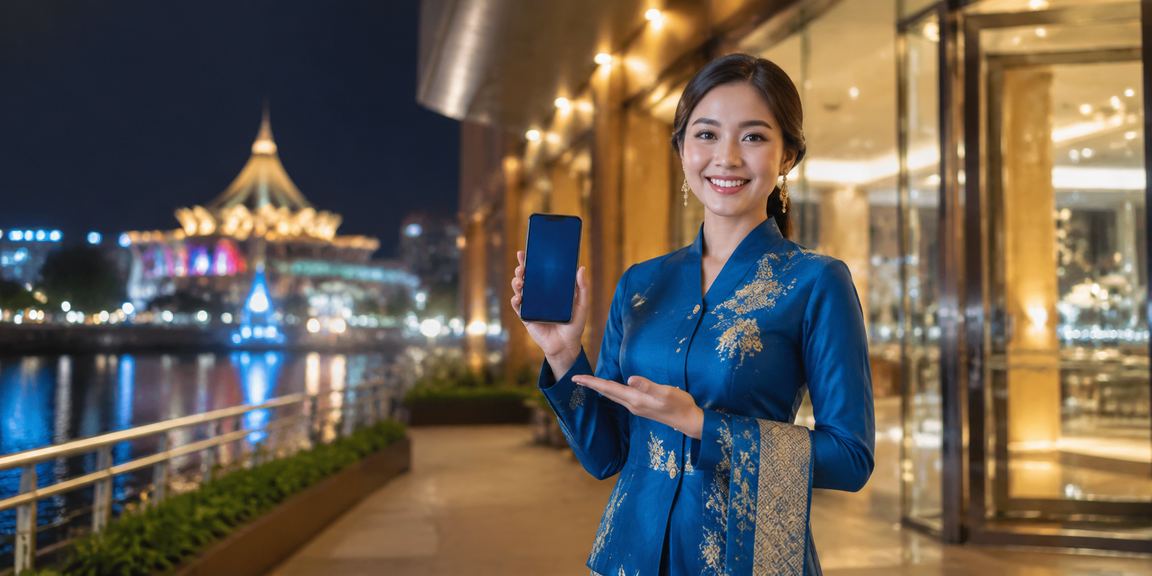 Pemain wanita dari Kuching menggunakan aplikasi kasino 52000 pada telefon Android sambil memakai baju kurung
